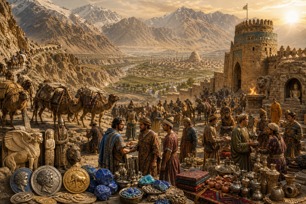 A bustling caravan market with camels, merchants, and goods before a fortified city in a rugged mountain valley