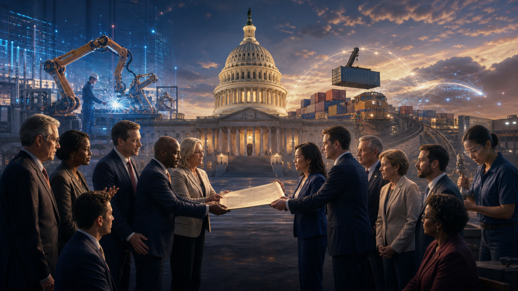 A diverse group presents a document before the U.S. Capitol, with robots, shipping containers, and digital networks behind them