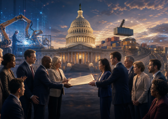 A diverse group presents a document before the U.S. Capitol, with robots, shipping containers, and digital networks behind them