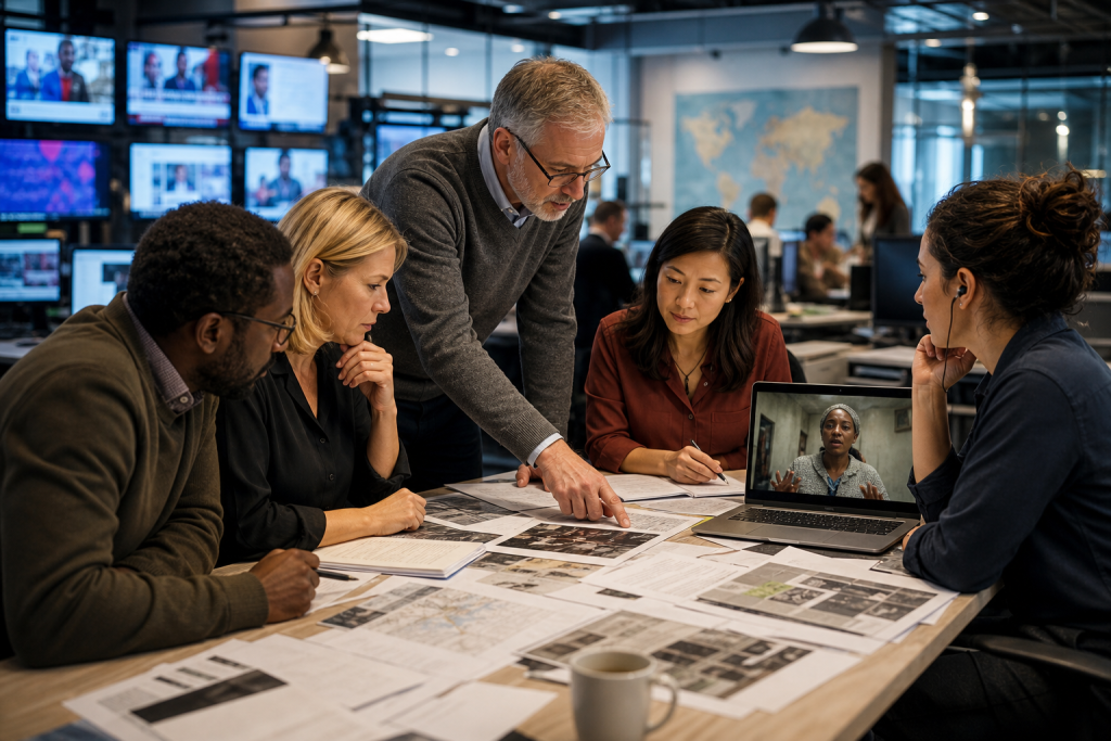 A diverse newsroom team reviews documents and photographs around a table while a colleague joins by video call