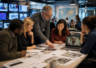 A diverse newsroom team reviews documents and photographs around a table while a colleague joins by video call