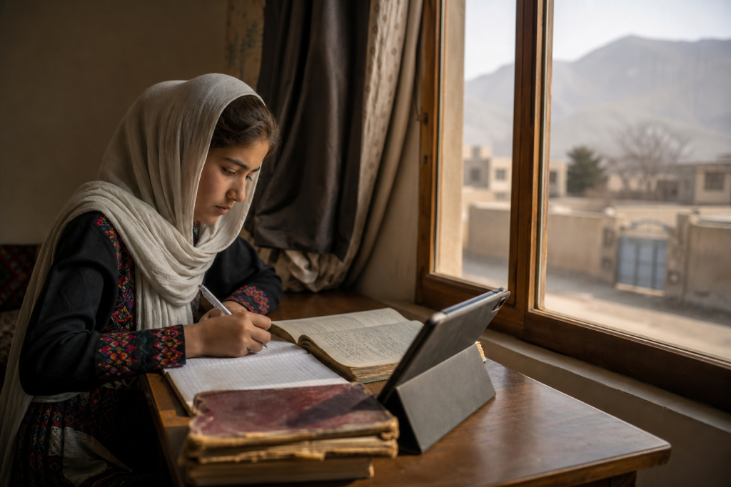 A girl in a headscarf writes beside an open book and tablet, seated by a window overlooking a mountainous town
