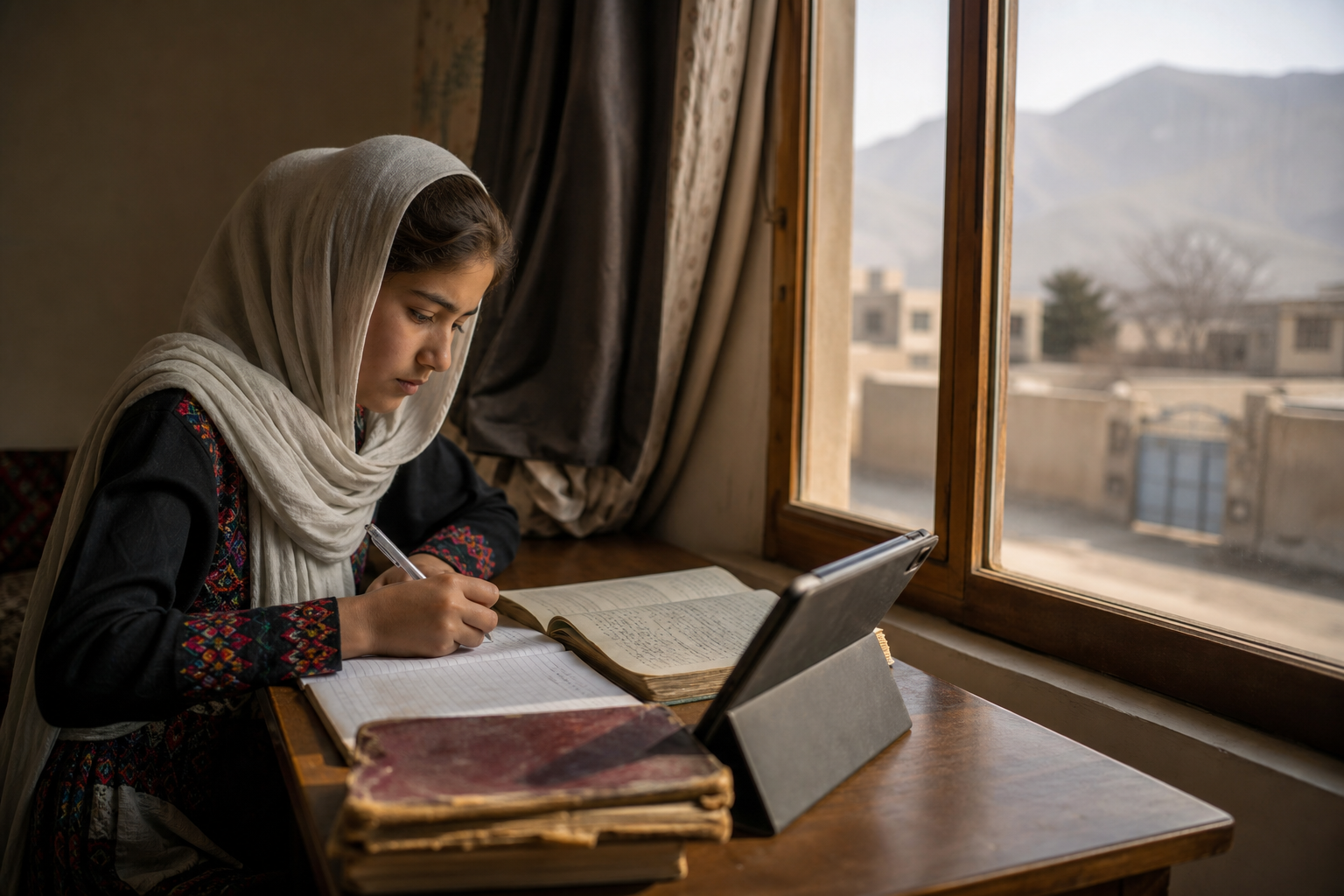A girl in a headscarf writes beside an open book and tablet, seated by a window overlooking a mountainous town