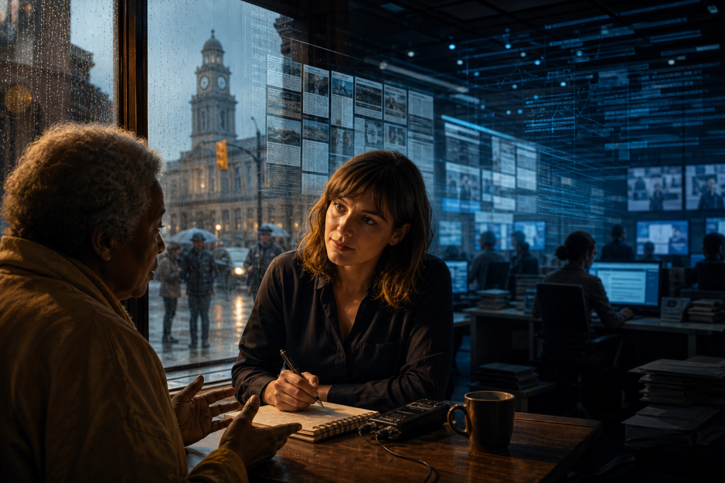 A journalist takes notes while interviewing a man in a newsroom overlooking a rainy city street