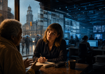 A journalist takes notes while interviewing a man in a newsroom overlooking a rainy city street