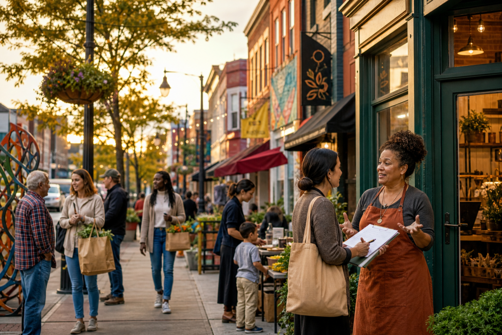 A shopkeeper in an apron speaks with a customer holding a clipboard outside a busy market street