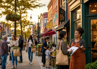 A shopkeeper in an apron speaks with a customer holding a clipboard outside a busy market street