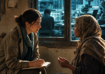 A woman takes notes while interviewing an older woman in a headscarf, with a robotics lab visible behind them