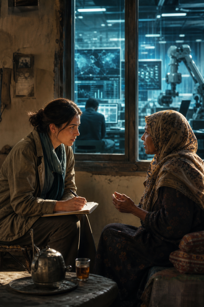 A woman takes notes while interviewing an older woman in a headscarf, with a robotics lab visible behind them