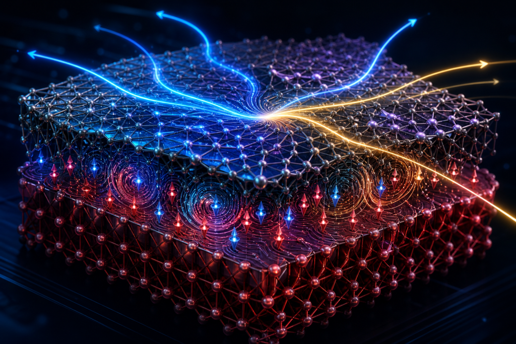 Abstract 3D network lattice with blue, red, and gold glowing currents converging at its center
