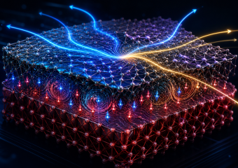 Abstract 3D network lattice with blue, red, and gold glowing currents converging at its center