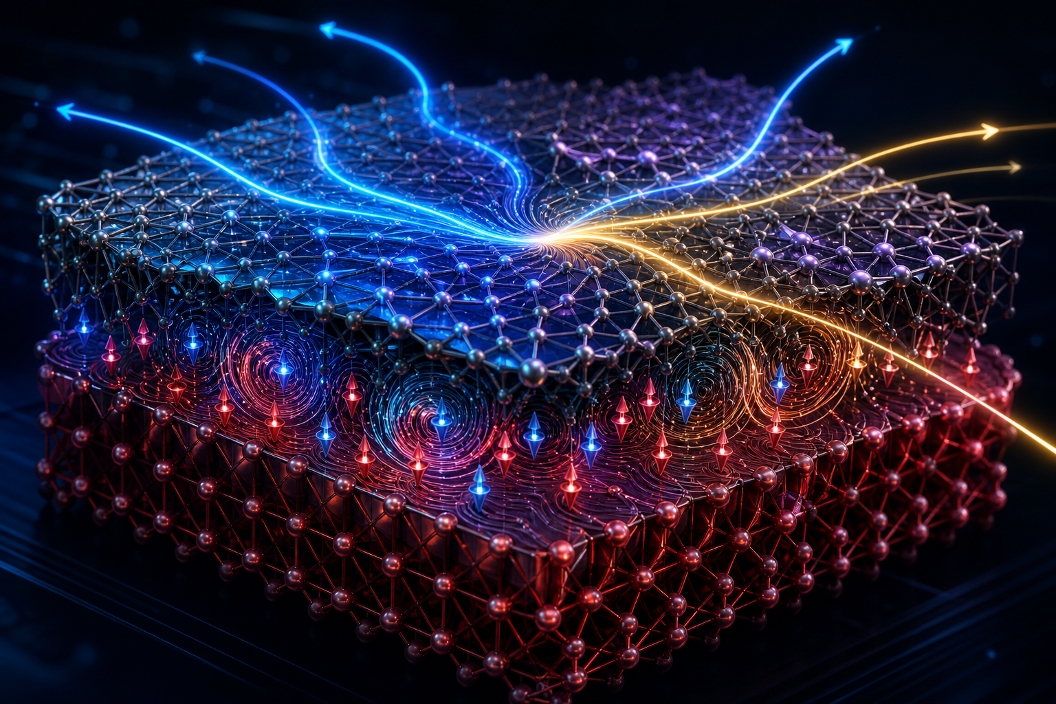 Abstract 3D network lattice with blue, red, and gold glowing currents converging at its center