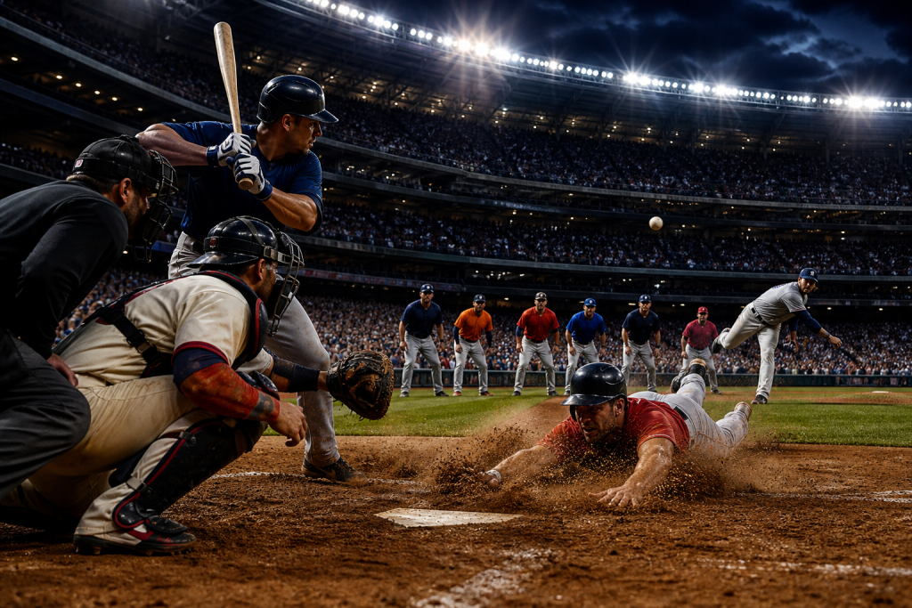 Baseball player sliding into home plate as the catcher reaches for the ball and the pitcher follows through