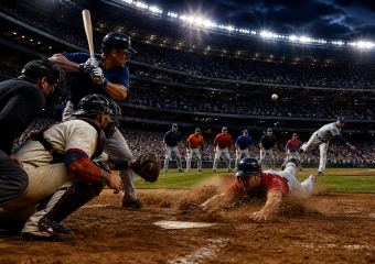 Baseball player sliding into home plate as the catcher reaches for the ball and the pitcher follows through