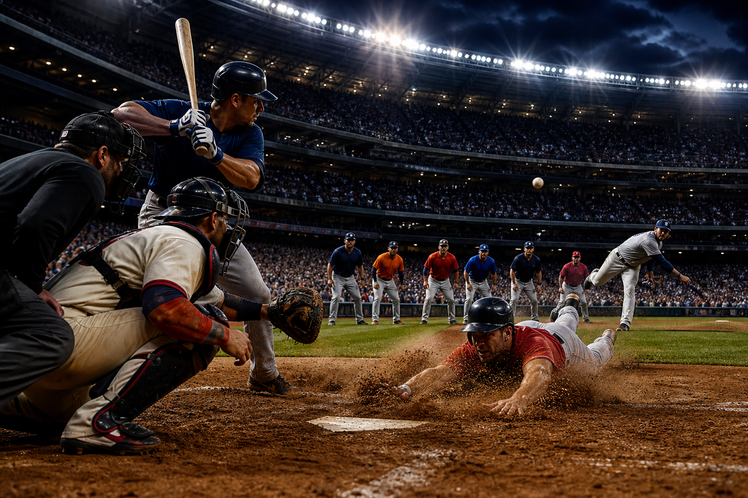 Baseball player sliding into home plate as the catcher reaches for the ball and the pitcher follows through