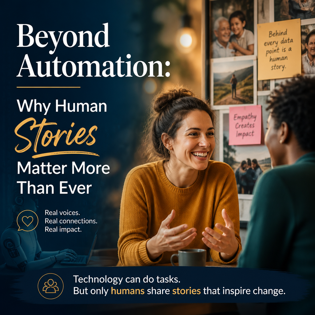 Promotional graphic about why human stories, empathy, and meaningful connections matter beyond automation.