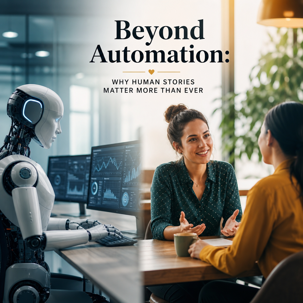 AI robot collaborating with business professionals under a “Beyond Automation” banner, highlighting the value of human storie