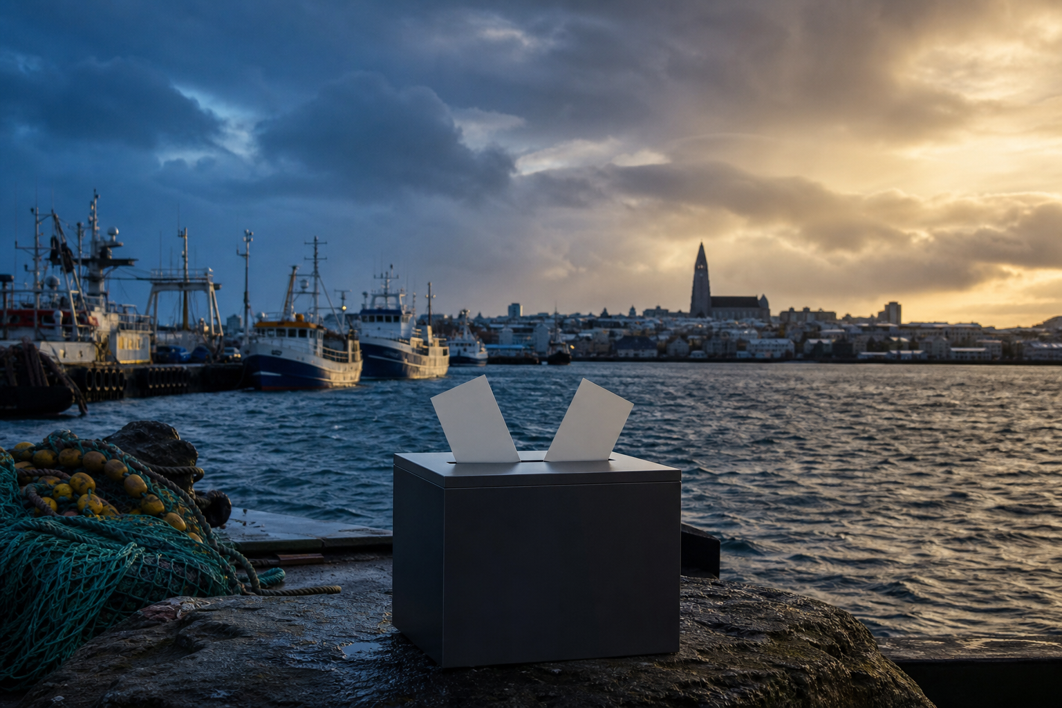 Black box with two white papers sits on a harbor pier, with fishing boats and a church across the water