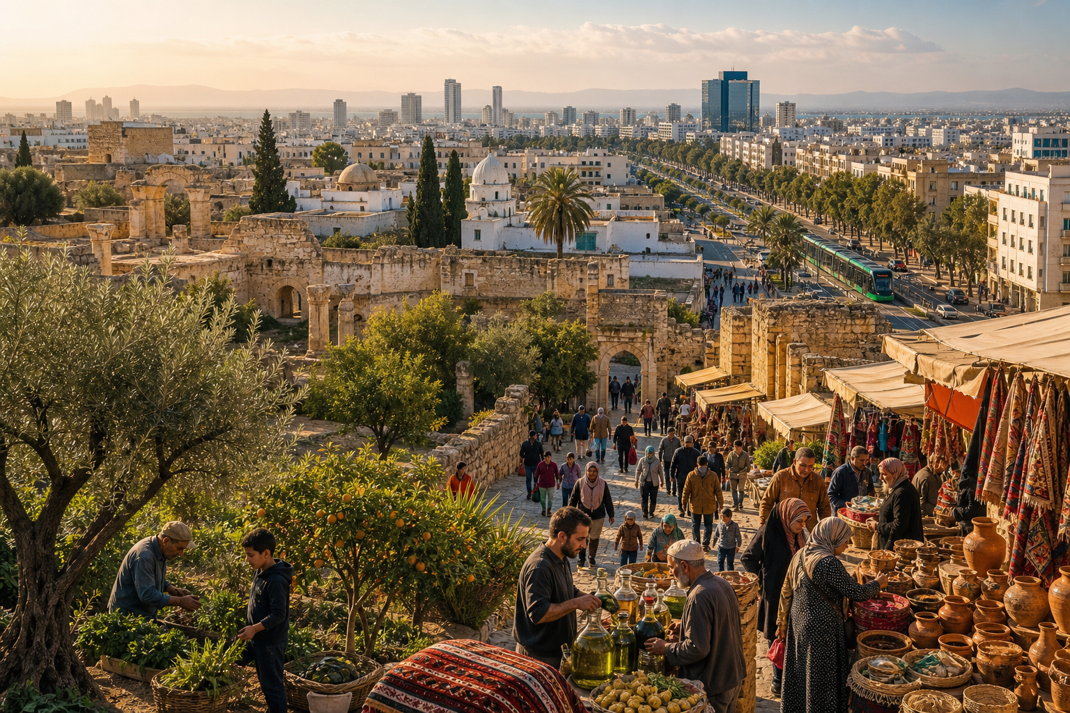 Busy market beside ancient ruins, with shoppers, pottery, textiles, olive trees, and a modern city skyline beyond