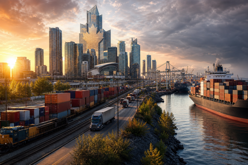 City skyline beside a container port, with freight trains, trucks, and a cargo ship on the water at sunset