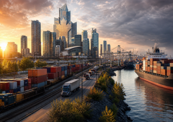 City skyline beside a container port, with freight trains, trucks, and a cargo ship on the water at sunset