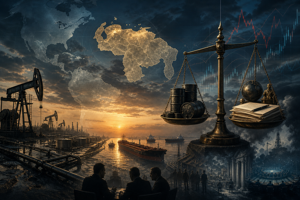 Composite illustration of global oil markets, trade, finance, and economic regulation