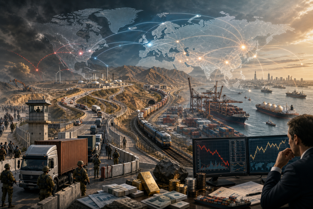 Composite illustration of global trade, showing shipping containers, trains, trucks, ports, financial charts, and worldwide shipping routes