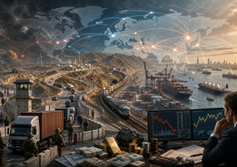 Composite illustration of global trade, showing shipping containers, trains, trucks, ports, financial charts, and worldwide shipping routes