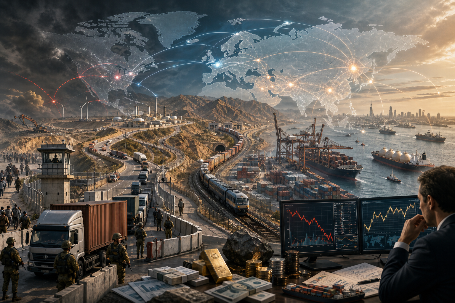 Composite illustration of global trade, showing shipping containers, trains, trucks, ports, financial charts, and worldwide shipping routes