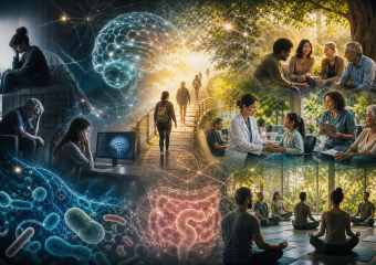 Conceptual collage linking mental health, brain science, therapy, gut health, and mindfulness