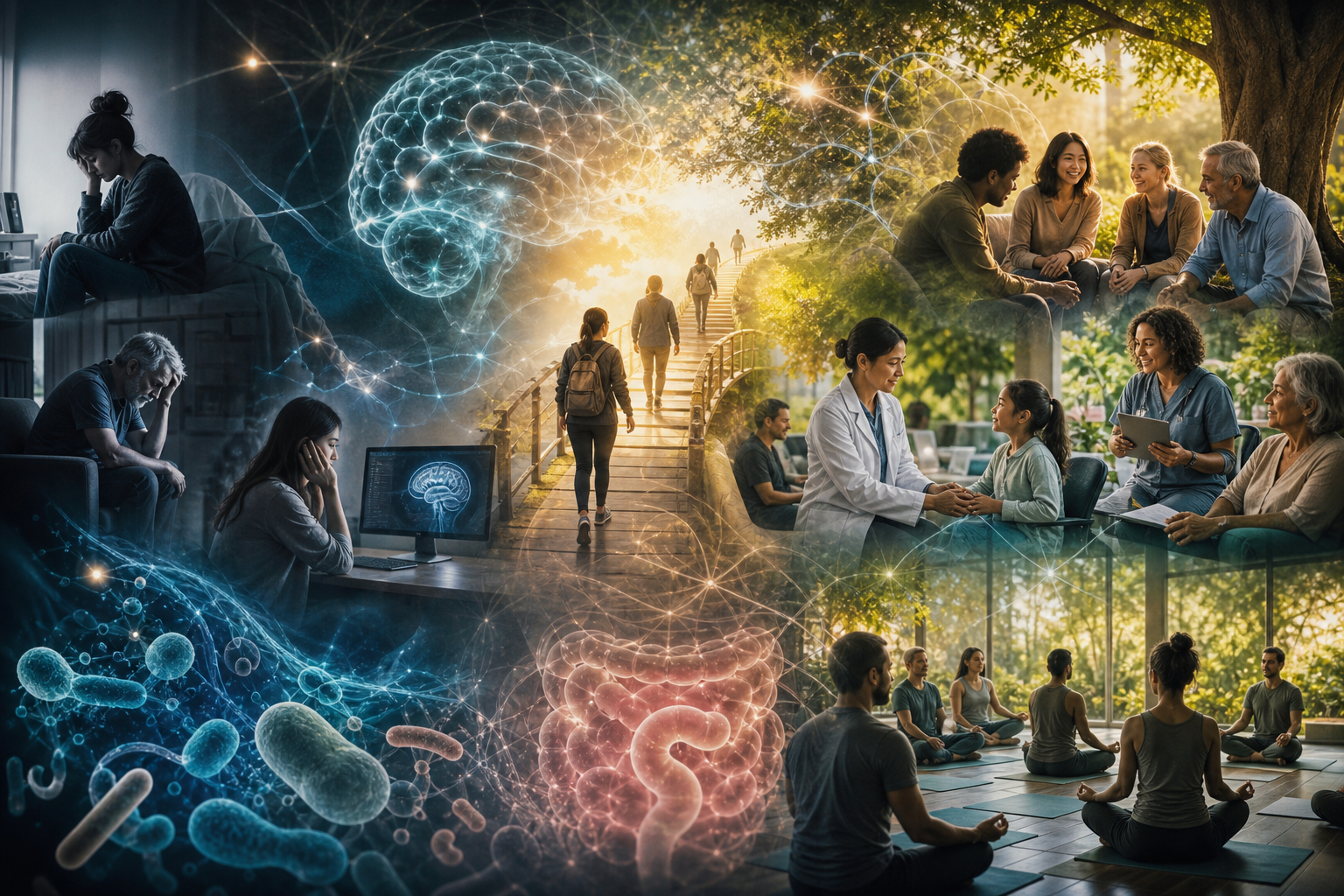 Conceptual collage linking mental health, brain science, therapy, gut health, and mindfulness