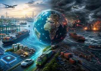 Conceptual illustration of global trade and supply chains spanning technology, energy, transportation, and stormy geopolitical disruption