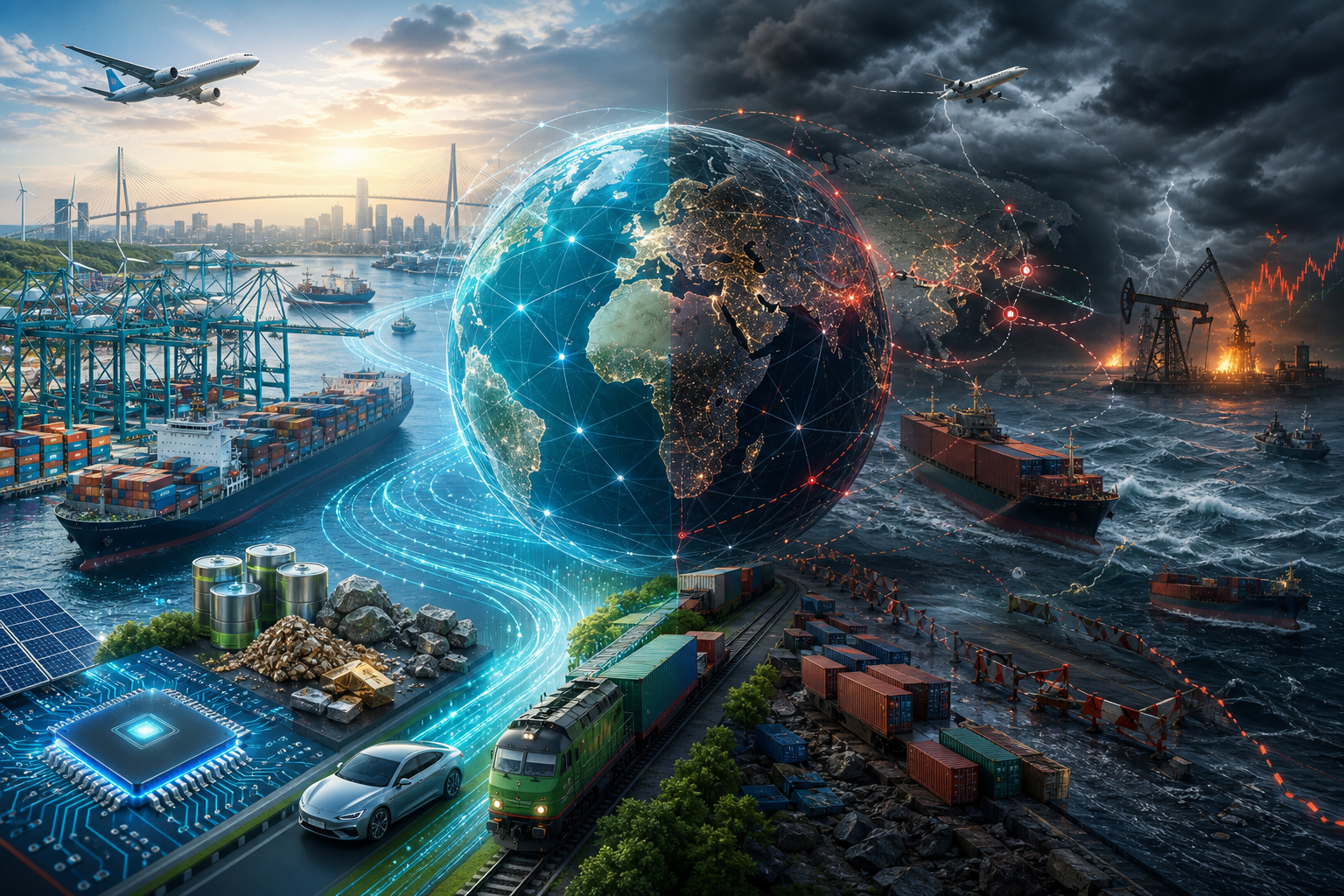 Conceptual illustration of global trade and supply chains spanning technology, energy, transportation, and stormy geopolitical disruption