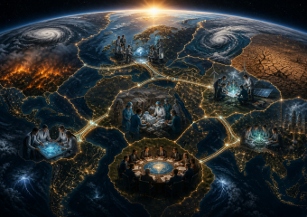 Conceptual world map showing global climate crises and international teams collaborating on solutions