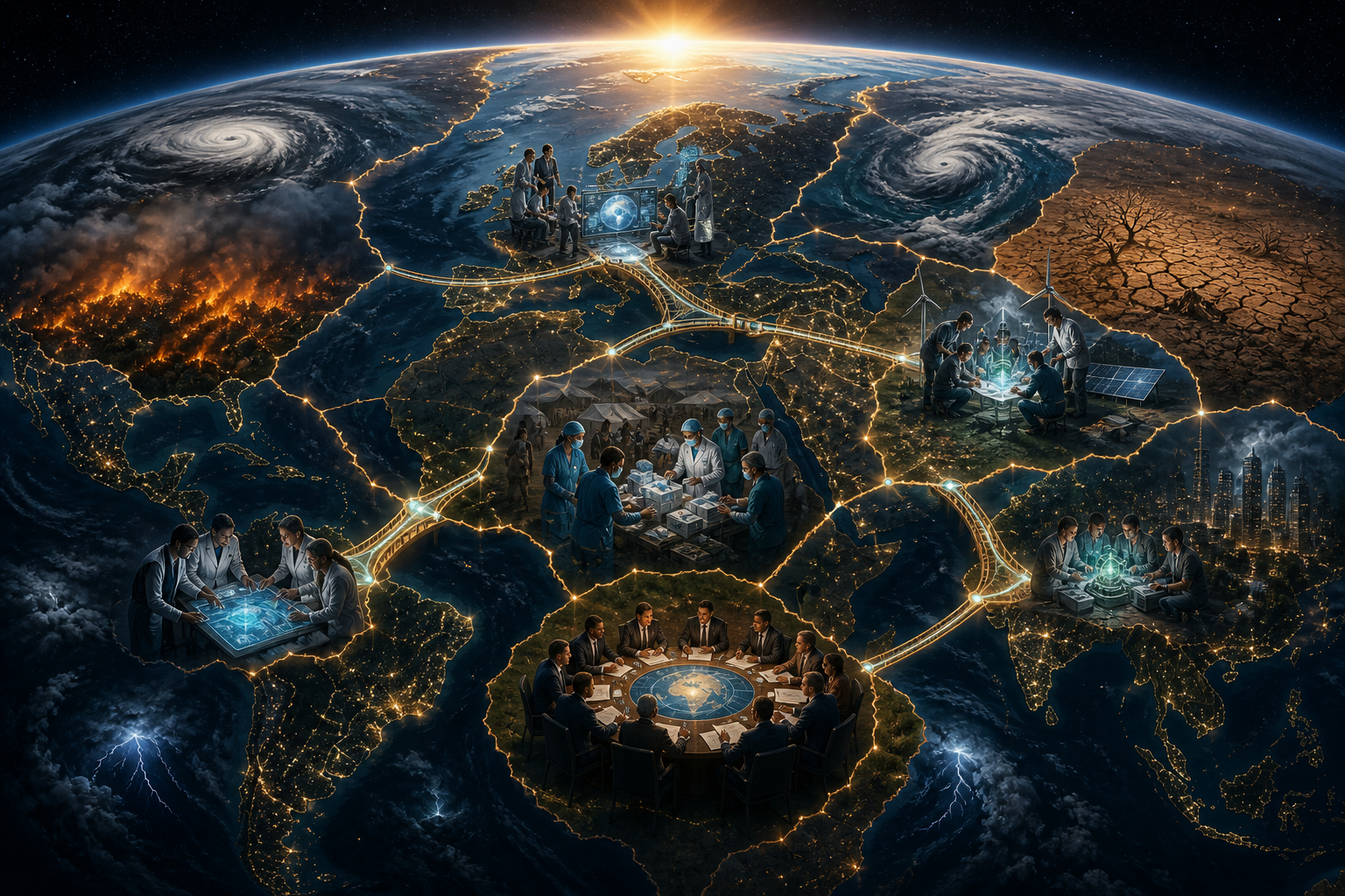 Conceptual world map showing global climate crises and international teams collaborating on solutions