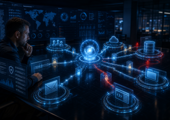 Cybersecurity analyst monitoring a network connecting cloud, database, email, user, and code systems with security locks