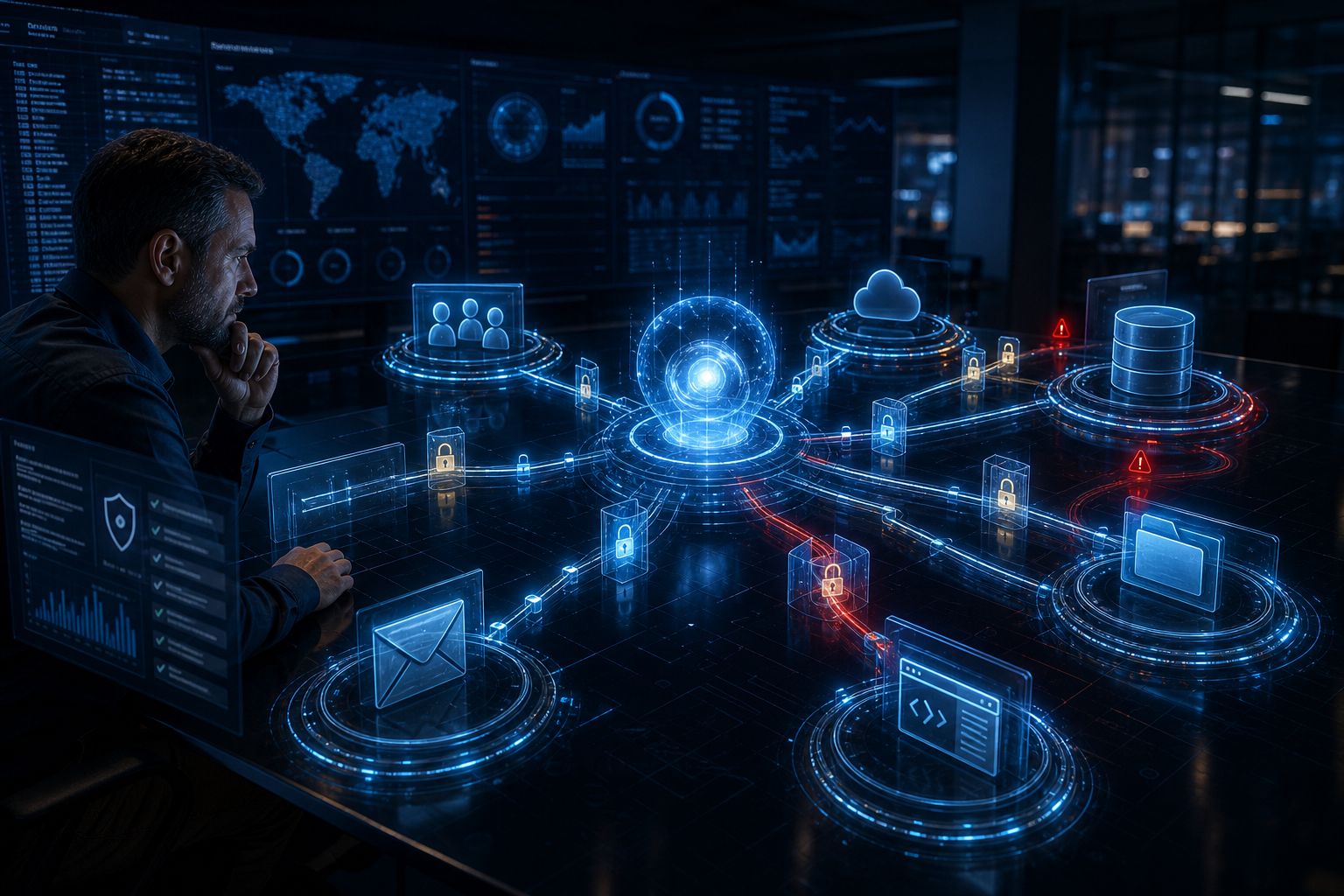 Cybersecurity analyst monitoring a network connecting cloud, database, email, user, and code systems with security locks