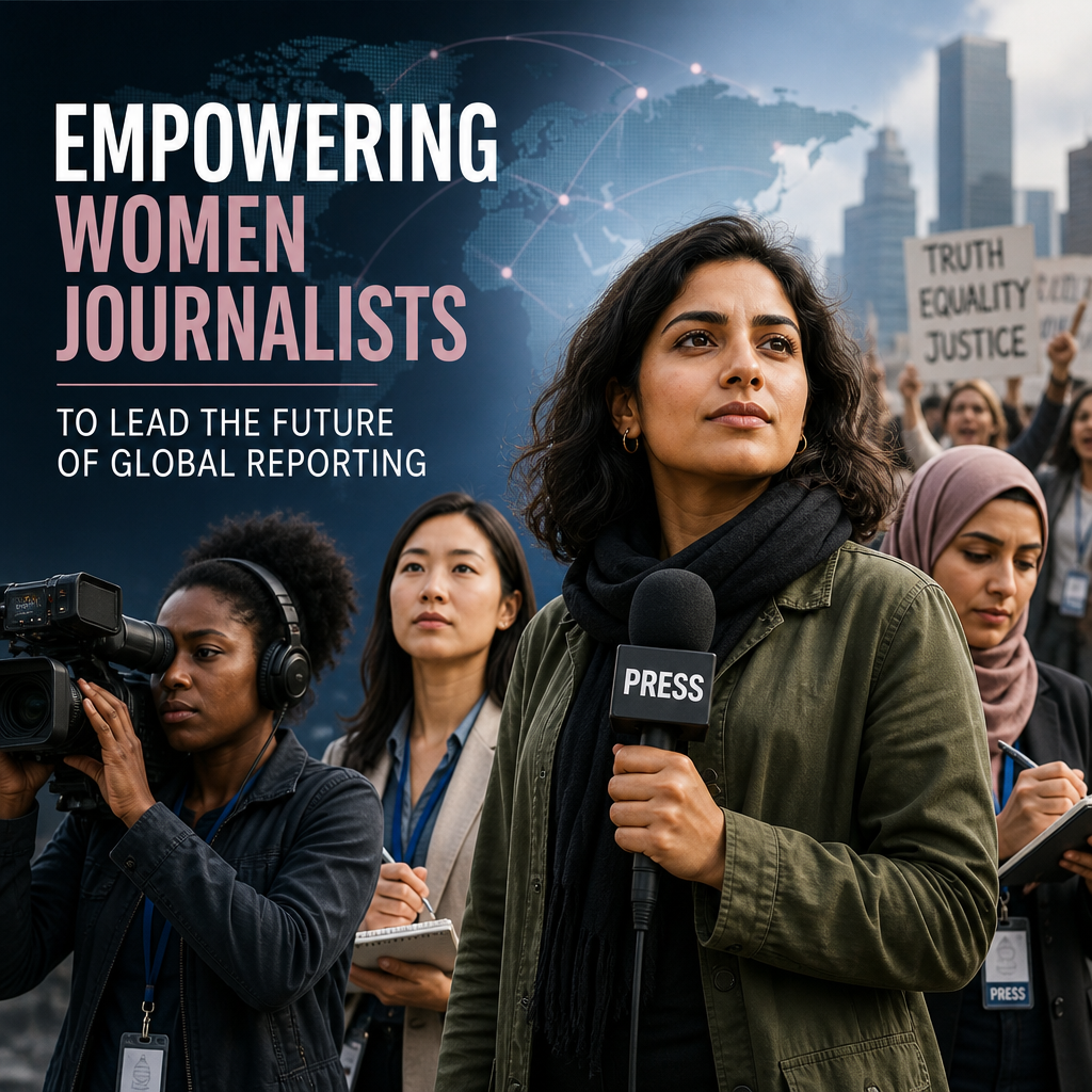Diverse women journalists reporting at a global equality protest under the headline “Empowering Women Journalists.”