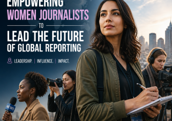 Women journalists reporting in the field, representing leadership, equality, and the future of global news.