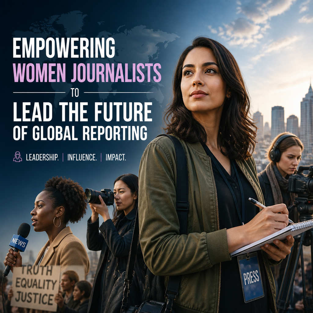 Women journalists reporting in the field, representing leadership, equality, and the future of global news.