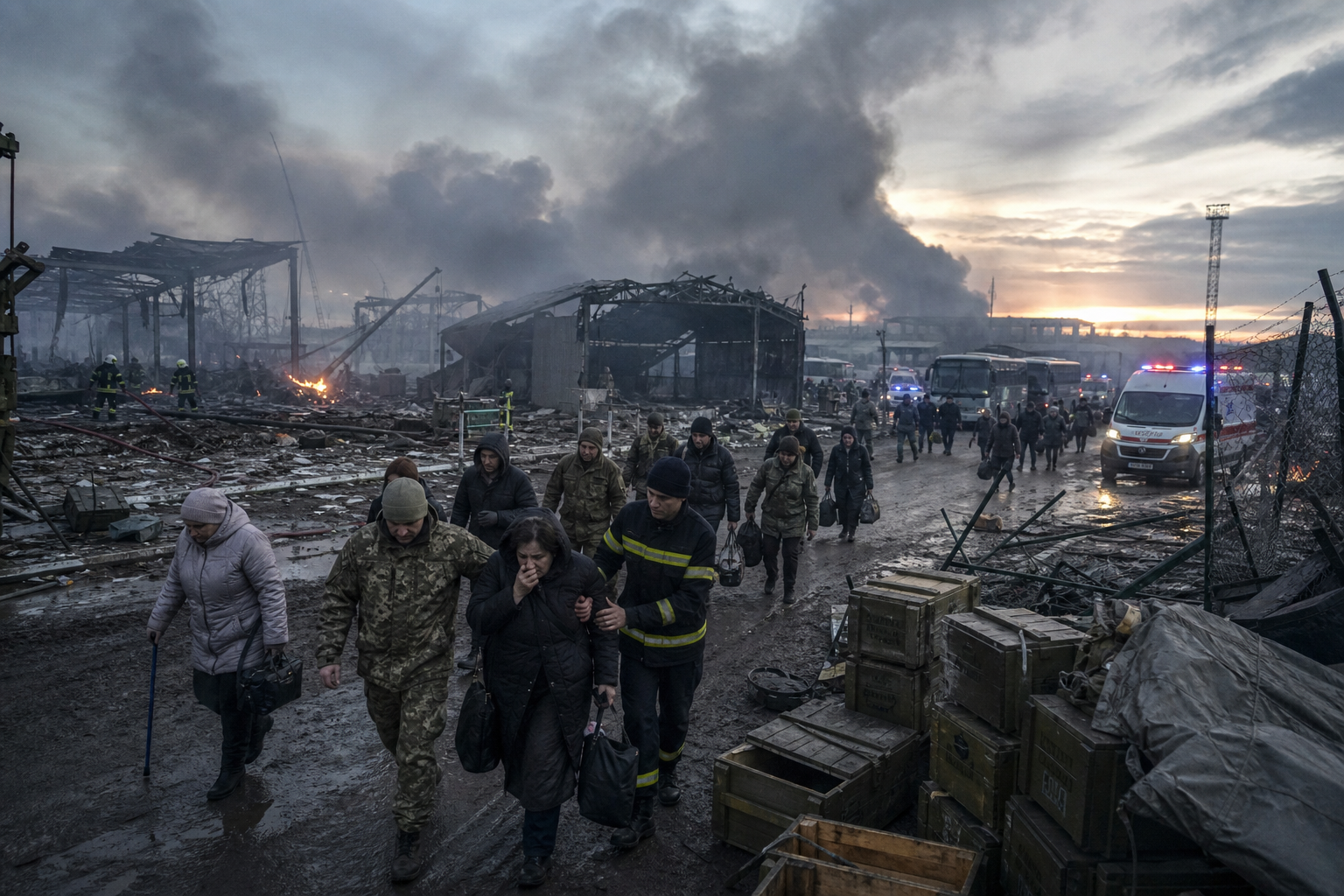 Firefighters escort civilians through the muddy ruins of a burning industrial site as smoke rises and emergency vehicles wait nearby