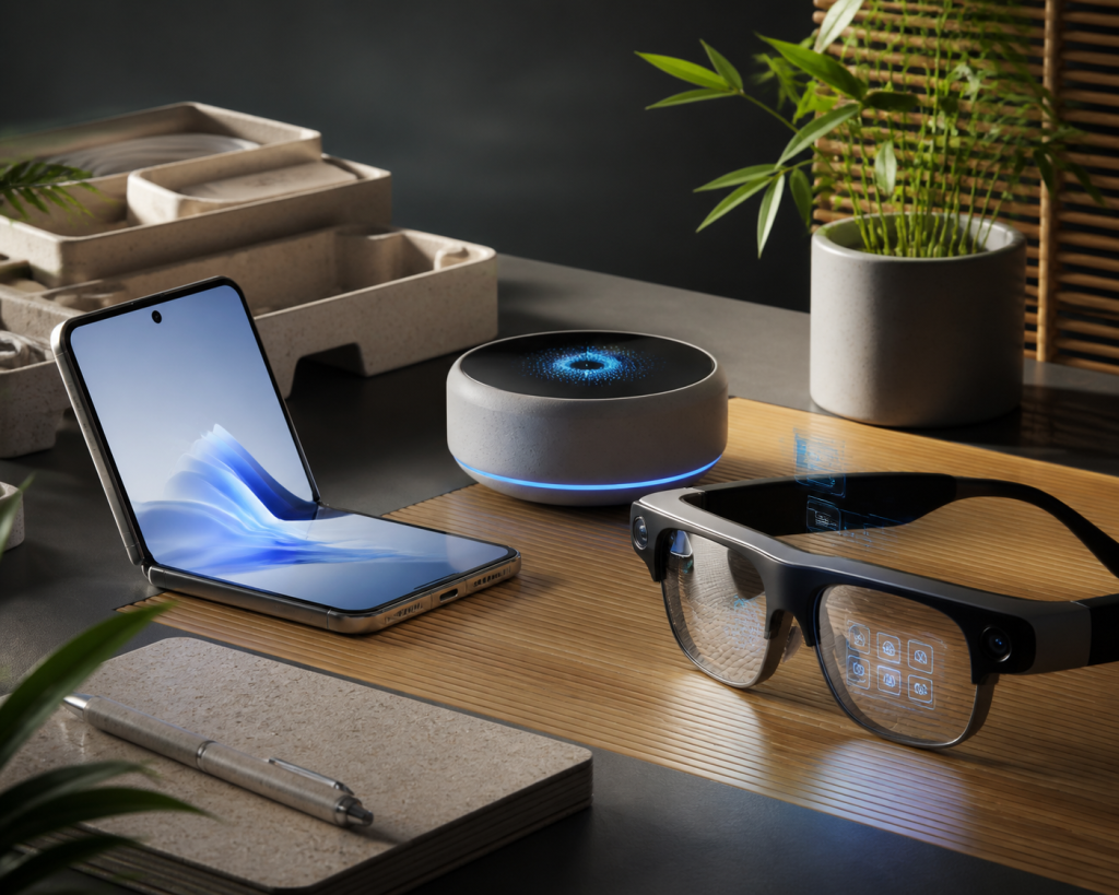 Foldable smartphone, smart speaker, and augmented-reality glasses arranged on a desk