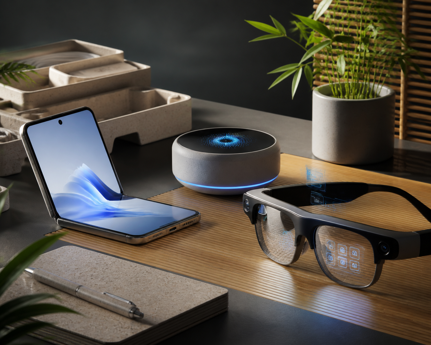 Foldable smartphone, smart speaker, and augmented-reality glasses arranged on a desk