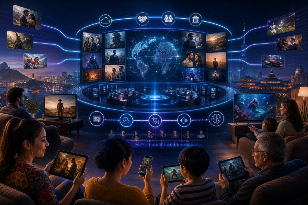 Futuristic media hub connecting global audiences through interactive screens, streaming content, and digital networks