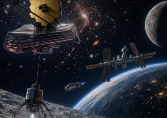 Futuristic spacecraft and lunar lander above an icy moon, with Earth, planets, and distant galaxies in the background