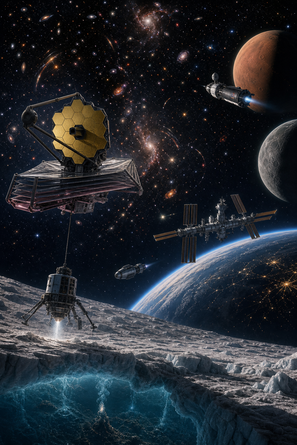 Futuristic spacecraft and lunar lander above an icy moon, with Earth, planets, and distant galaxies in the background