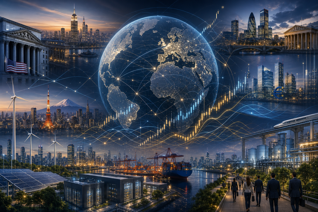 Global network of cities, finance, renewable energy, transportation, and industry surrounding a glowing Earth