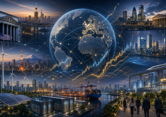Global network of cities, finance, renewable energy, transportation, and industry surrounding a glowing Earth