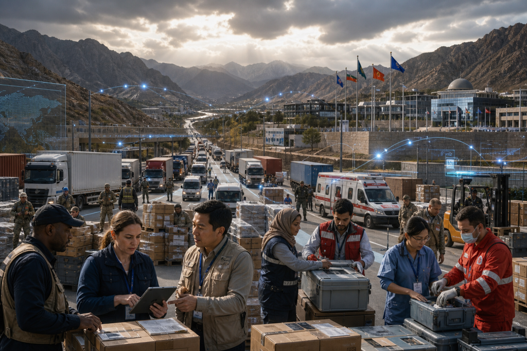 Humanitarian workers coordinate aid shipments beside trucks and an ambulance at a mountainous international border crossing