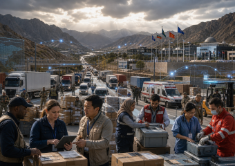 Humanitarian workers coordinate aid shipments beside trucks and an ambulance at a mountainous international border crossing